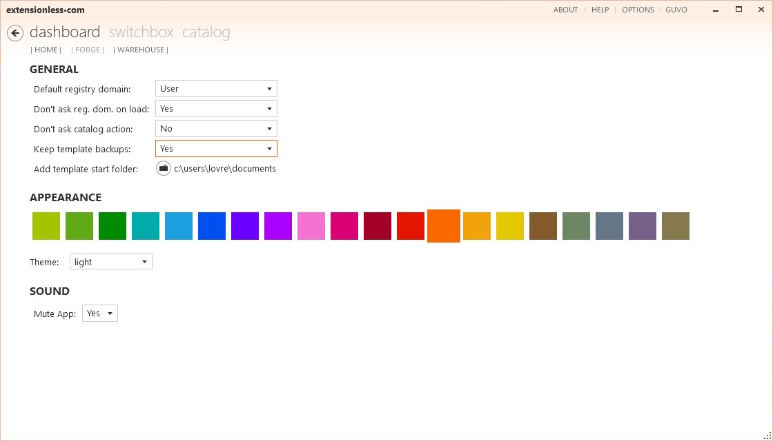 Extensionless options screenshot